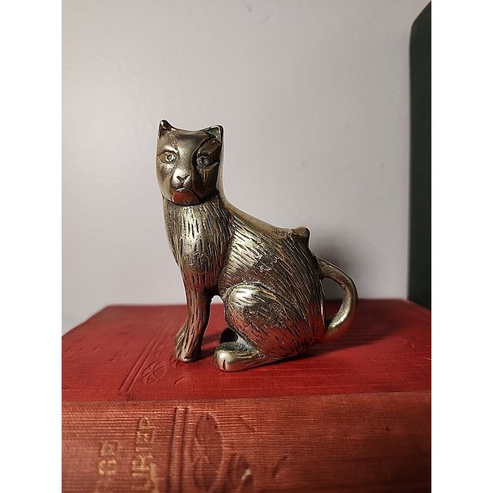 Solid Brass Vintage Cat Figurine 3.5" Minitature